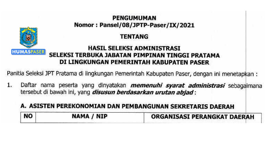 Pengumuman Hasil Seleksi Administrasi, Seleksi Terbuka Jabatan Pimpinan Tinggi Pratama di Lingkungan Pemerintah Kabupaten Paser Tahun 2021